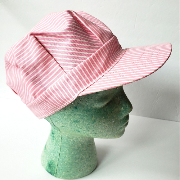 Striped Pale Pink Train Engineer Cap - Picture 1 of 8